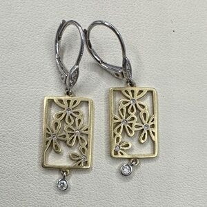 Meria T 14k Yellow and White Gold Floral Earrings with Diamonds Tested